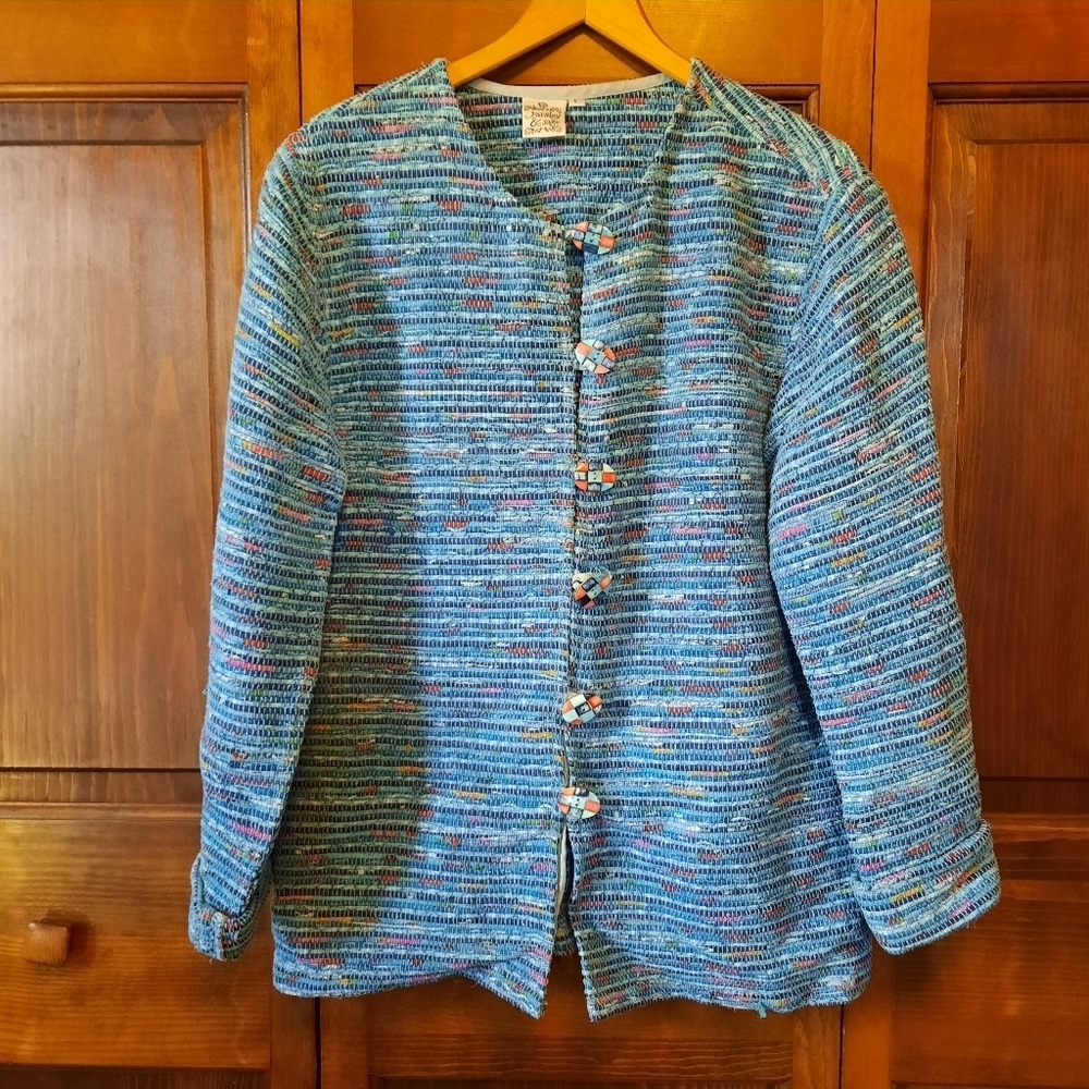 Vintage Parsley & Sage Blue Multicolor Rag Woven Wood Button Front Jacket Size L